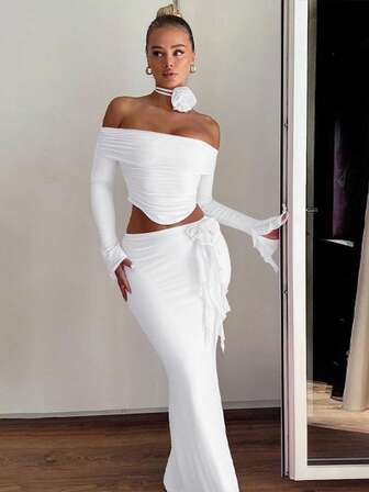Women Solid Color Off Shoulder Flared Sleeves Lace-Up Crop Top And Slimming Skirt Fall Spring 2 Piece Set