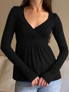 Awevudst Womens Rib Knitted Lace Trim Wrap V Neck Long Sleeve Peplum Tops Slim Fit Fairycore T-Shirts Harajuku Vintage Clothes Y2K Streetwear Blouse Tee Tops Casual Going Out Tops - 黑色 - 查看 2