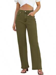 Jeans High Waisted Straight Leg Loose Jeanshalloween - Army Green - View 1