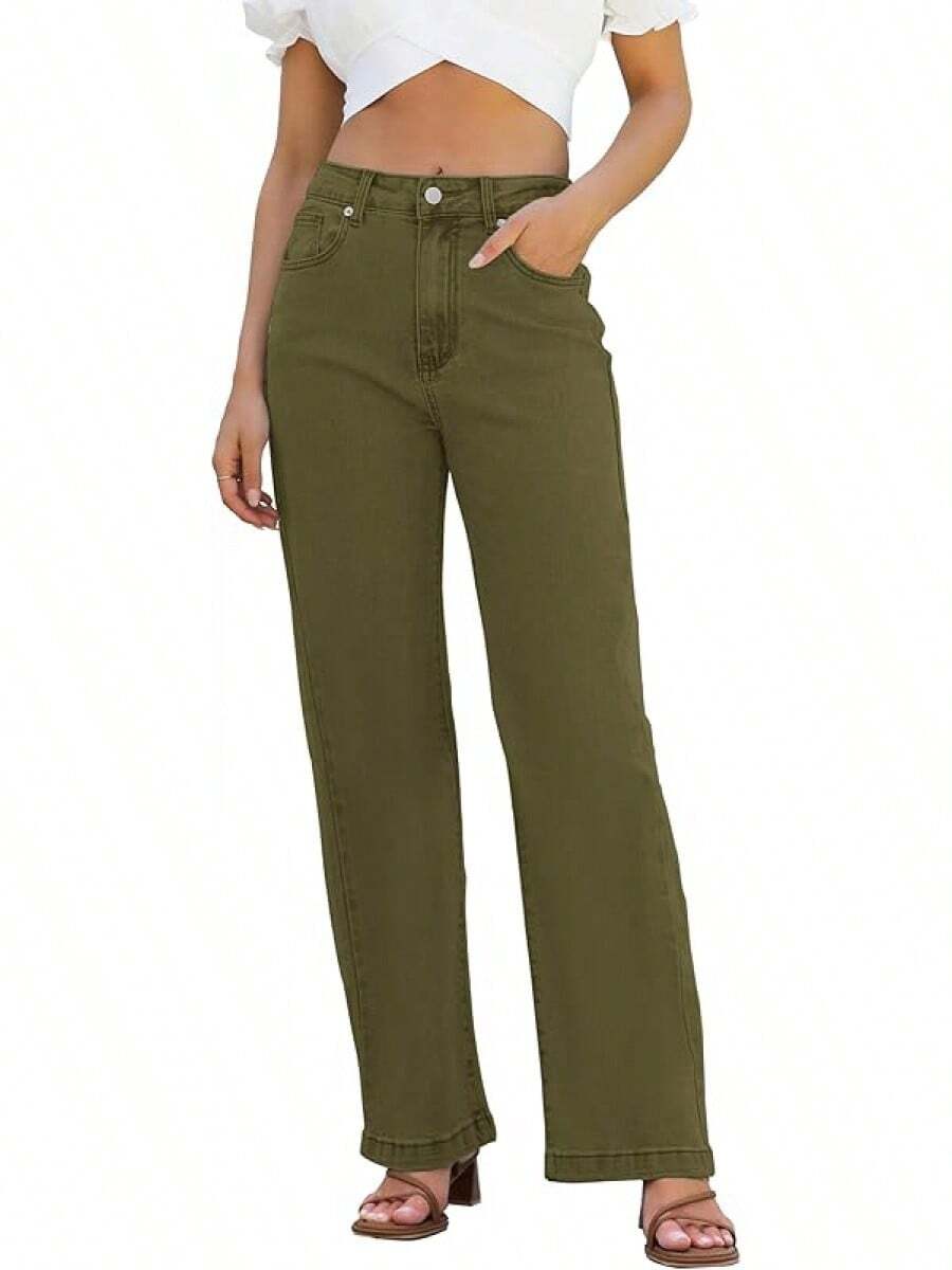 Jeans High Waisted Straight Leg Loose Jeanshalloween - Army Green - View 1