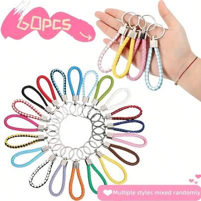 60-Piece Colorful Braided Rope Keychain Set With Durable Metal Buckle, Suitable For Bag Decoration, Car Key Pendant, Party Favors And Holiday Gifts, Creative Hand-Woven Pu Leather Rope Keychain Accessories Leather Key Ring Pendant Car Pendant Small Gift