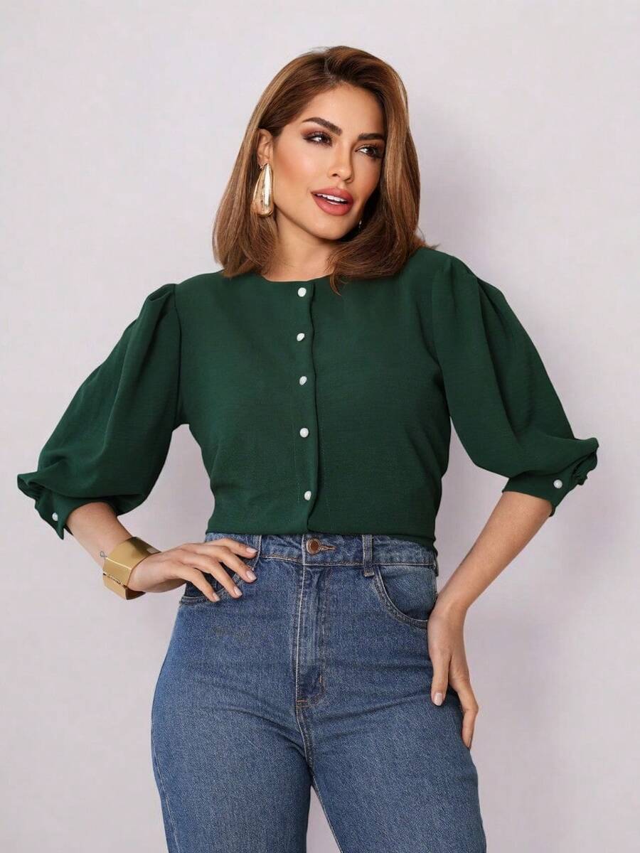 Smile Fashion   camisa feminina manga 3/4 com botao abrir tecido duna