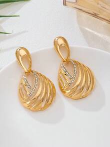 2pcs Fashionable Minimalist Geometric Water Drop Inlaid Earrings, Suitable For Women's Daily And Party Wear - Yellow Gold - View 5
