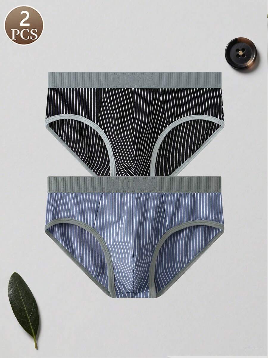 2PCS Men's Briefs With Fashionable Stripes Simple Style Men's Casual Sports Basic Underwear Mid Waist Cotton Soft And Comfortable Men's Triangle Underwear