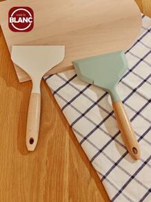 Spatule large en silicone avec manche en bois, pelle antiadhésive pour crêpes, poissons, œufs, biscuits, omelettes, flexible pour ustensiles de cuisine antiadhésifs (noir)
