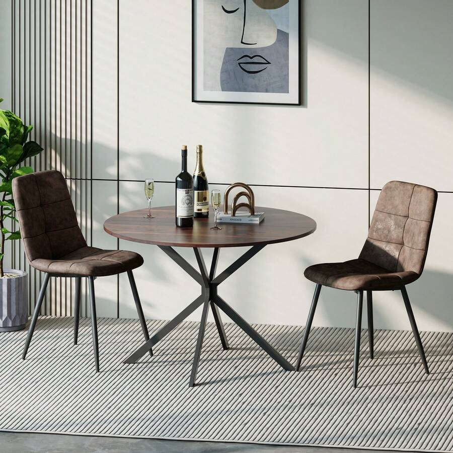 Dining Table And Chairs Set Of 2, Brown Folding Round Dining Table With 2 Brown PU Leather Chairs For Dining Room, Kitchen, Living Room