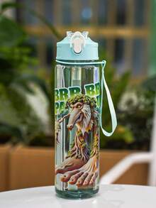 1pc 750ml/26oz Shan Hai Jing Themed Transparent Straw Sports Water Bottle, With Carrying Strap For Easy Transport, Leak-Proof Design, Lightweight & Durable, Suitable For Running, Cycling, Hiking, Holiday Gift