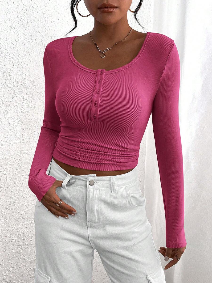 Women's Autumn Long-Sleeved Henry Shirt T-Shirt Button Ribbed Knit Fashion Tight Basic Top Shirt - Màu Hồng Tươi - Xem 1