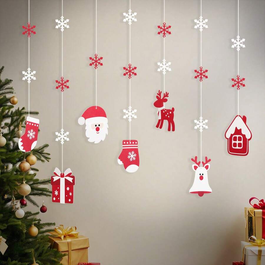 Christmas Background Wall Hanging Santa Claus Deer Tree Socks Party Decorations Hanging Ornaments Banner Set - Multicolor - View 1