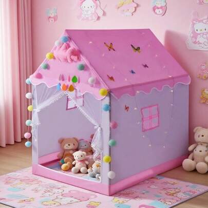 Tienda de campaña infantil de interior con alfombra gruesa para gatear, luces de bolas y decoraciones de nubes, tienda de juegos de interior, casa de juegos infantil con forma de casa rosa, casa de juegos infantil con tienda de campaña