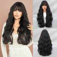 7JHH WIGS Stylish Black Wigs Extra Long Wavy Wig With Bangs, High Density Heat-Resistant Fiber Hair, Fluffy Natural Synthetic Wave Curly Wigs For Women Daily Party Use 28 Inch Wig Accessories - 自然黑 - 查看 9