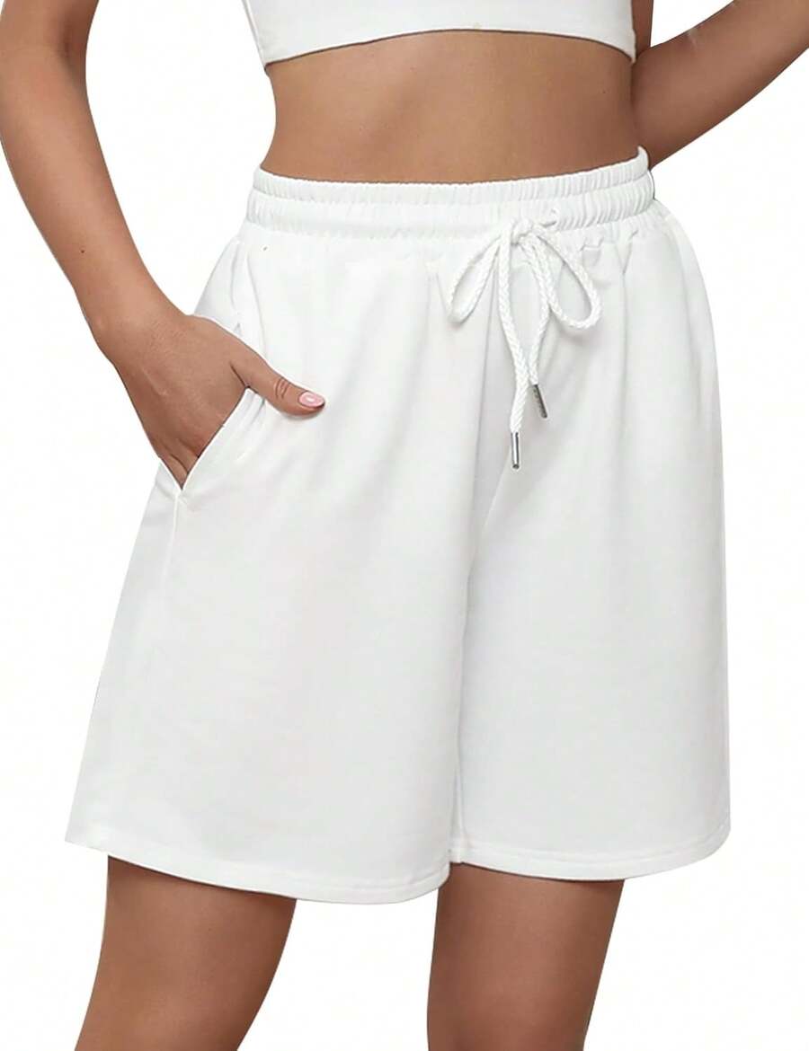 Quenteen Women's Sweat Shorts Bermuda Long Shorts Athletic Casual Loose Cotton Shorts (Available In Plus Size)A Valentine's Day 46QM - 白色 - 查看 1