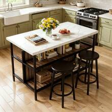 3 Pieces Kitchen Island Set With 2 Bar Stools, Modern & Contemporary Style Dining Room Table And Chairs Set With 2-Tier Storage Shelves, Counter Height Bar Table Set For 2, 3 PCS Kitchen Table Set With 2 Chairs For Kitchen, Dining Room, Restaurant - Đá cẩm thạch trắng - Xem 3