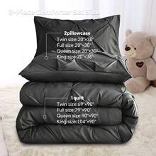 Luxury  Thick Quilt - 3-Piece Four Seasons Bedding Set, Warm And Comfortable Thick Comforter Set, Quilted Craftsmanship, Machine Washable Bedding Set, Suitable For Bedroom Decoration, Family Gifts, Includes 1 Quilt And 2 Pillowcases - 黑色 - 查看 5