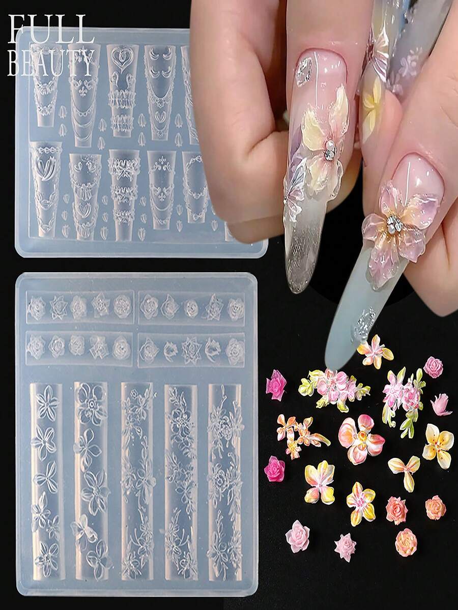 Nail Art Flower Mold, Spring And Summer Flower Design Skirt, Heart-Shaped Three-Dimensional Nail Art Carving Mold, Frangipani, Cherry Blossom, Rose, Five-Petal Flower Silicone Mold