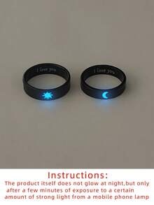 ATLVXJL 2 件套夜光情侣戒指，不锈钢字母“I LOVE YOU”月亮和太阳设计，休闲情侣首饰适合日常佩戴和情人节礼物 - 彩色 - 查看 9