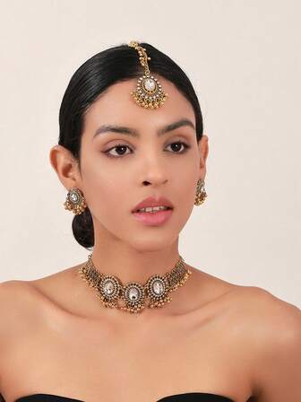 3 件复古宫殿异国波西米亚水钻花朵项链、泪珠流苏耳环、头链套装，适合派对、宴会