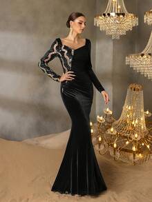 Faeriesty Robe de soirée pour femme avec encolure en forme de cœur et manches à sequins - ourlet évasé en queue de poisson, robe de cérémonie pour galas, tapis rouges, bals de bienfaisance de luxe, dîners en tenue de soirée et soirées à l'Opéra Métropolitain - Noir - Voir 5