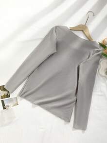 CELILIN Camiseta Térmica de Manga Longa, Gola Redonda, Ajustada, em Malha de Cor Sólida, Casual, para Outono/Inverno - Cinza - Visão 7