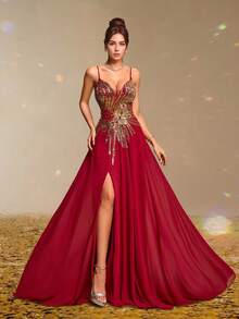 Red Gold Sequin Spaghetti Strap Evening Gown With High Slit, Sexy Prom Dress For Women, Elegant Formal Maxi Dress, Glamorous Gala Gown, Beaded Sleeveless Party Dress, Luxury Slim Fit Red Carpet Dress