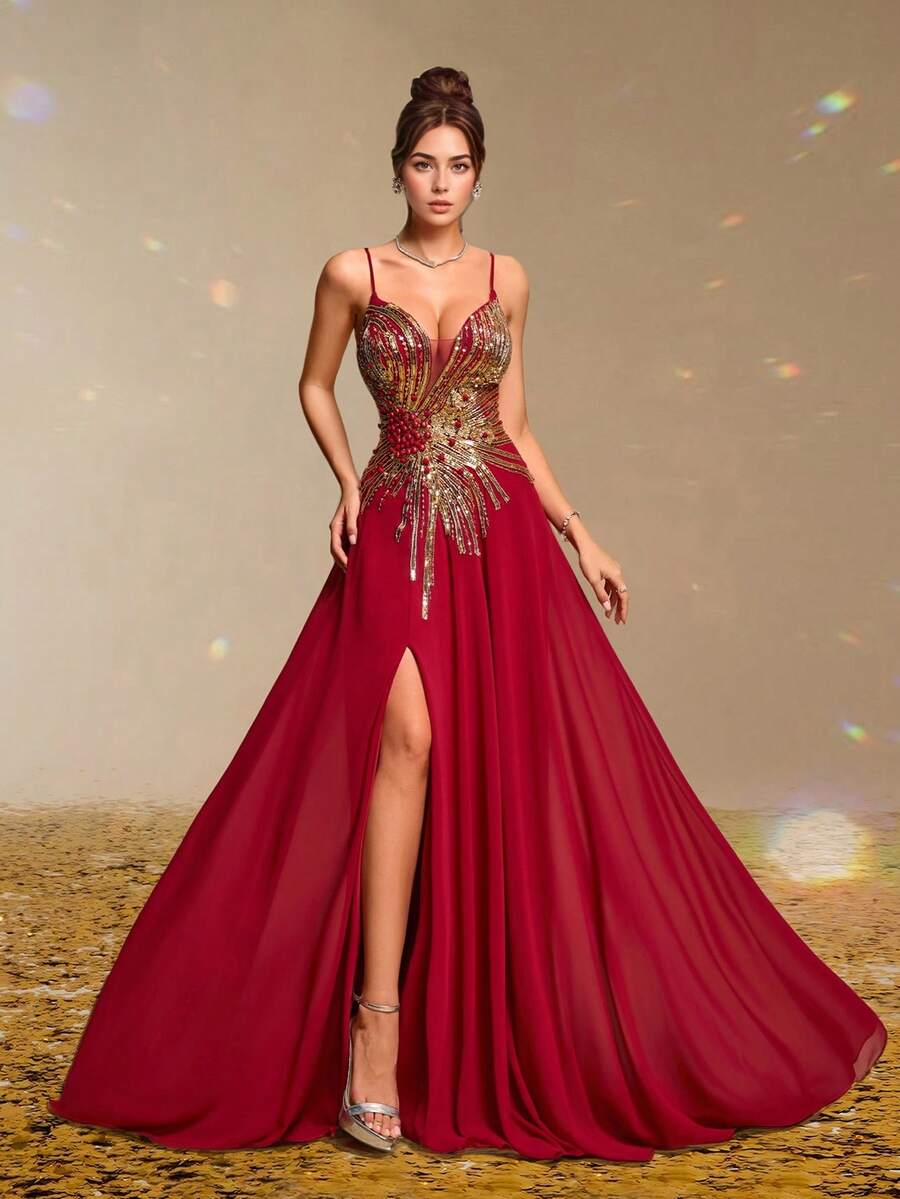 Red Gold Sequin Spaghetti Strap Evening Gown With High Slit, Sexy Prom Dress For Women, Elegant Formal Maxi Dress, Glamorous Gala Gown, Beaded Sleeveless Party Dress, Luxury Slim Fit Red Carpet Dress
