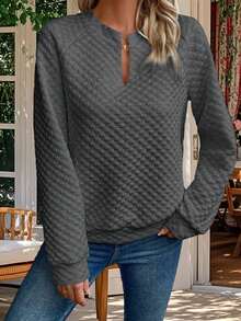 Women's Spring Autumn Loose Sweatshirt Long Sleeve V Neck Simple Pullover - Dark Grey - View 4