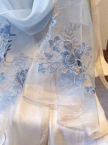 1pc Women Floral Golden Thread Embroidery Shawl, Breathable Windproof Design, Elegant Decorative Scarf For Summer Travel Sun Protection, Autumn/Winter Gift For Mom, Suitable For Dress, Cheongsam - Baby Blue - View 2