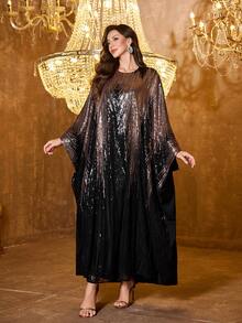 UNITHORSE [Random Cut] Round Neck Batwing Sleeve Ombre Sequin Patchwork Evening Gown, Arabic Style Dress - Black - View 4