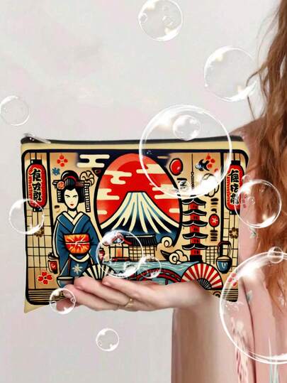 1 pieza Bolsa de maquillaje con estampado tradicional japonés, de gran capacidad y con cremallera, organizador de viaje de poliéster duradero con detalles trenzados y diseño vibrante de geisha, pagoda y flor de cerezo - regalo perfecto para mujeres, amantes de las mascotas, fans del aguacate, cierre de cremallera resistente