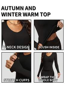 1pc Autumn/Winter Brushed V-Neck Long Sleeve Top, Solid Color Casual Versatile U-Hem Design Slim Fit, Suitable For Outerwear, Sports, Yoga, And Undershirt - Black - View 3