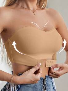 1/2Pcs Front Closure V-Neck Wireless Padded Bra, Front Clasp Gather & Lift Minimalist Bra, Strapless Bra Casual Women's Front Closure Ruched Thread White Bandeau Bra Without Underwire - 駝色 - 查看 4