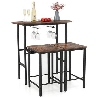  GOFLAME 3 Piece Counter Height Table Set, Oval Dining Table & 2 Stools With Wine Rack, Wine Glass Holders, Footrest & Metal Frame, Pub Dinette Furniture For Kitchen, Bistro, Breakfast Nook