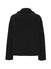 Women's Fashionable Lapel Collar Short Lamb Wool Cardigan Jacket, Fitted Silhouette, Long Sleeve, Winter - Black - View 5