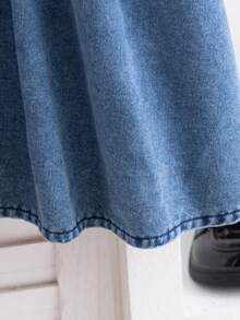 年轻女孩优雅时尚盖袖单排扣长袖连衣裙，适合日常、户外、度假、通勤、春秋季 - 藍色 - 查看 7