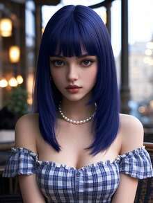 XYUNMI Tóc giả bob thẳng dài vừa phải màu xanh dương dễ thương và ngọt ngào 16 inch có mái tóc giả dễ chăm sóc thoáng khí, mềm mại tự nhiên dành cho nữ, tóc giả sợi tổng hợp chịu nhiệt, thích hợp để mặc hàng ngày, tóc giả dự tiệc ngày lễ, đơn giản, thường ngày, hóa trang đường phố, Halloween, thời trang trở lại trường học - Màu xanh lam - Xem 2