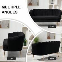 59" Wide Loveseat Sofa, Boucle/Chenille Upholstered Small Couch With Petal-Shaped Design, Modern Leisure Sofa With Gold Metal Legs, Mini Room Couch For Bedroom, Apartment - Black-Boucle - 查看 6