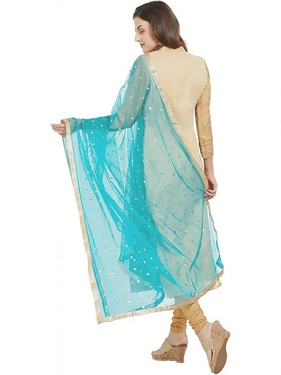 Woman's Embellished Net Dupatta Scarf Shawl Wrap Soft Bridal Wedding - Sky Blue - 查看 1