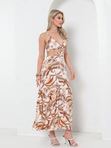 Dress With Elastane At The Back, You Can Tie It At The Back With A Print - 米色 - 查看 3