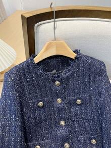 GMFP Women's Casual Elegant Fashion Loose Blue French Button Tweed Fringe Short Jacket, Suitable For Summer & Autumn Holiday Season - Blue - View 4