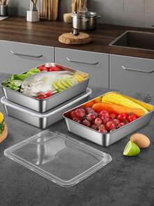 1pc/6pcs Large Rectangular Stainless Steel Food Storage Container With Leak Proof Lid, Stackable, Reusable, Transparent Lid, Hand Wash, Multi-Purpose Food Storage Box, Kitchen Storage Container, Suitable For Home And Outdoor Use, Home Decoration Storage, Christmas, Thanksgiving, Halloween