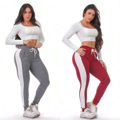 Kit com 2 Calças Slim Fit Em Crepe Com Faixa Lateral