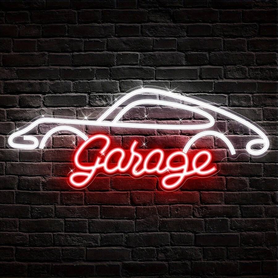 Garage Neon Sign, LED Wall Hanging Decor For Garage, Workshop, Man Cave - Ideal Gift For Dad And Auto Enthusiasts, Plastic Material, Switch Controlled, USB Powered, Non-Variable Single Hue - White+Red - View 1