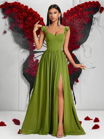 ADYCE Elegant Square Collar, Double Layered Ruffle Edge, High Waist, A Swing Fork, Exposed Back Floor-Length Party Dress For Prom Birthday Party Evening Date Homecoming Party Wedding Guest Formal Dinner Family Festival