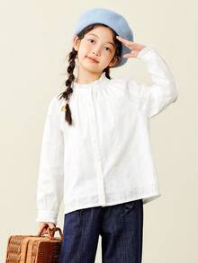 mini bala 2025秋季甜美女童荷叶边领长袖衬衫 - 灰白 - 查看 3