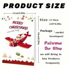 1 buc., Felicitare festivă de Crăciun cu avionul lui Moș Crăciun, Design de desene animate, Hârtie, Felicitare personalizată pentru prieteni, familie și cei dragi, Ideală pentru invitații și urări de sărbători, Sezonul Crăciunului