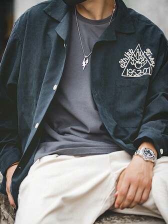 1 件男士宽松毛绒拉绒刺绣衬衫，舒适休闲，适合情人节、父亲节、圣诞节、万圣节、感恩节、复活节、斋月、春秋季，海军蓝