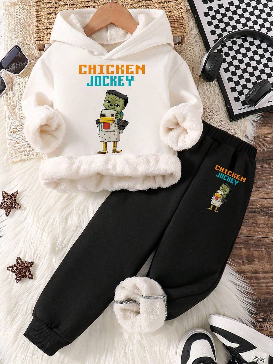 男童卡通印花保暖连帽衫和运动裤套装 - 白色 - 查看 1