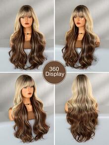7JHH WIGS Stylish Blonde Balayage Wigs Extra Long Wavy Wig With Bangs Dark Roots, High Density Heat-Resistant Fiber Hair, Fluffy Natural Synthetic Wigs For Women Daily Party Use 28 Inch Beginners Glueless Wig Accessories - 漸變金色 - 查看 5