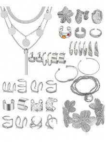 68/58/35pcs Vintage  Elegant And Sophisticated Faux Pearl, Bowknot, Stars, Moon, Rhinestone, Wide Copper Hoop, Snake Bone Chain, Twist Chain, Geometric Wide C-Shape Earrings, Earrings Clip, Necklace, Bracelet Jewelry Set For Holiday, Party, Date