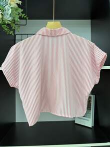 ELLIE Casual Striped Print Loose And Cropped Shirt - 淡粉紅色條紋 - 查看 4